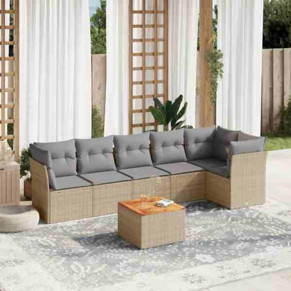 vidaXL 7-tlg. Garten-Sofagarnitur mit Kissen Beige Poly Rattan, UV-beständig, 3223651