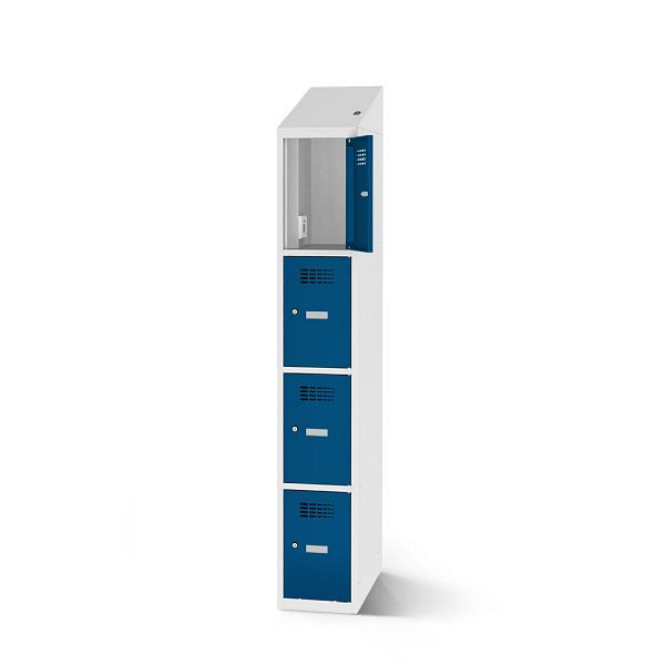 Rotstahl Fächerschrank, 4 Fächer, Stollenfüße, mit Ladefunktion, Schrägdach, Korpus: lichtgrau, Türen: enzianblau, 2180-010400-0402112-7035-5010