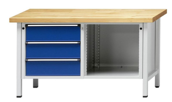 ANKE Werkbänke Kastenwerkbank; 1500 x 700 x 890 mm; RAL 7035/5010; Buche-Massiv-Platte 40 mm; Links 3 Schubladen 180 mm; Rechts offenes Fach, 300.301