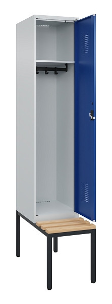C+P Spind Evolo PLUS, 1 Abteile, 2120x400x815mm, 7035/5010, Haken 4, Zylinderschloss, Sitzfläche Buche-Hartholz, Sitzbank, 0490507-12 S10033