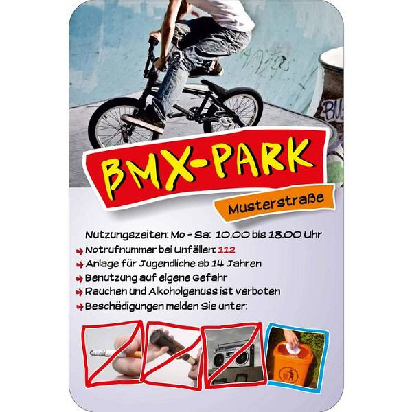 Stein HGS Hinweisschild -BMX-PARK-, mit individuellem Text und Piktogrammen, 400 x 600 mm, 40039