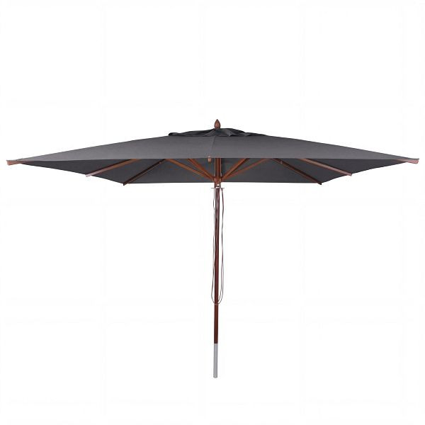 Mendler Gastronomie Holz-Sonnenschirm HWC-C57b, Gartenschirm, Polyester/Holz 29kg, eckig 4x4m Seilzug stoßsicher, anthrazit, 120498