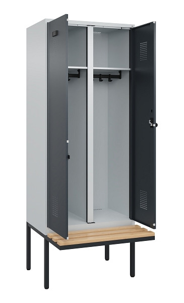 C+P Schwarz-Weiß-Spind Evolo PLUS, Bank, 2 Abteile, 2120x800x815mm, 7035/7016, Drehriegel, Sitzfläche Holz, 0490427-22 S10012