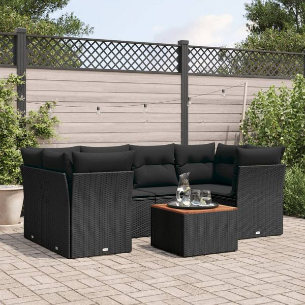vidaXL 7-teilig Garten-Sofagarnitur mit Kissen Schwarz Poly Rattan, 3223493