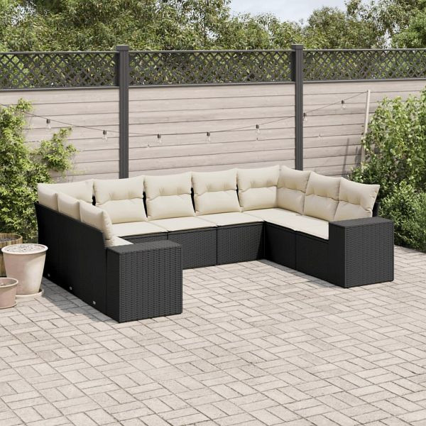 vidaXL 9-tlg. Garten-Sofagarnitur mit Kissen Schwarz Poly Rattan, 3222995