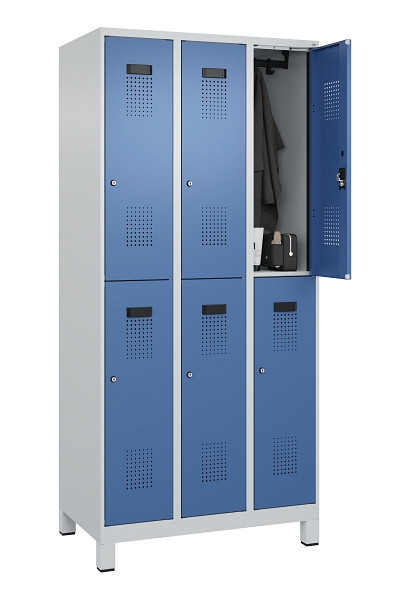 C+P Doppelstöckiger Spind Evolo PLUS, mit Füßen, 6 Fächer, 1950x900x500mm, 7035, Frontfarbe RAL 5023 Fernblau, Zylinderschloss, 049310-30 S10035