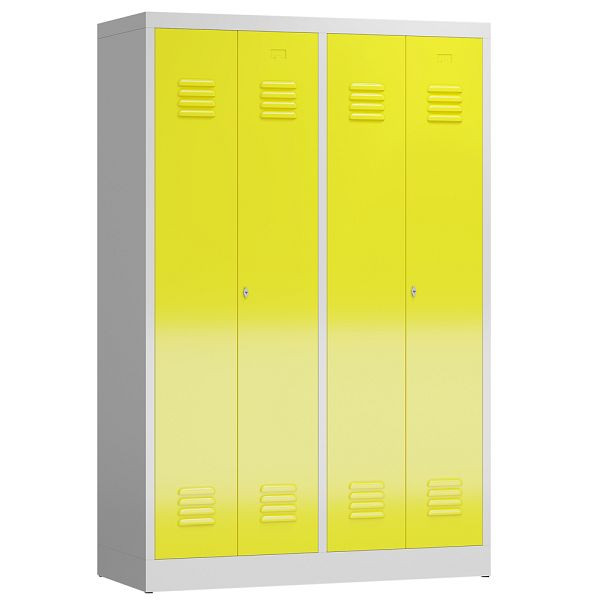 Lüllmann ClassiX Garderobenschrank, 4 Abteile, je 2 mittig schließend, 1800 x 1185 x 500 mm, lichtgrau/zinkgelb, X-510446