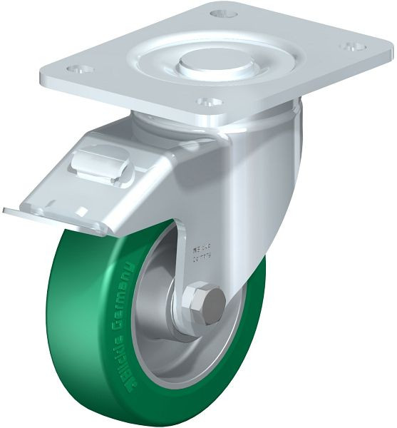 Blickle LH-ALST 125K-3-FI Stahlblech-Lenkrolle, Schwerlast-Ausführung, mit Anschraubplatte & Feststeller, Blickle Softhane®, Grün, 625517
