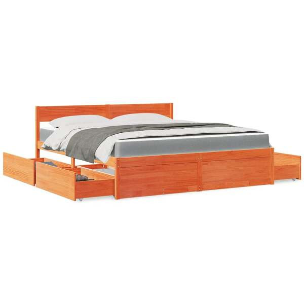 vidaXL Bett mit Schubladen und Matratze Wachsbraun 180x200 Massivholz, 3281891