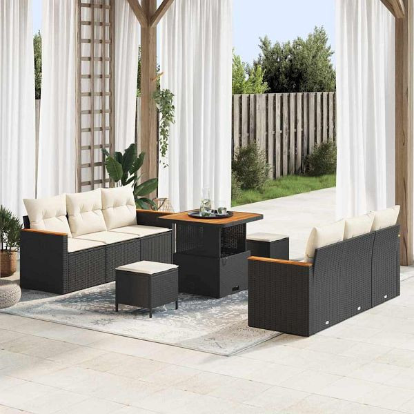 vidaXL Garten-Sofa-Set mit Kissen 9-teilig Schwarz Poly-Rattan, 3364945