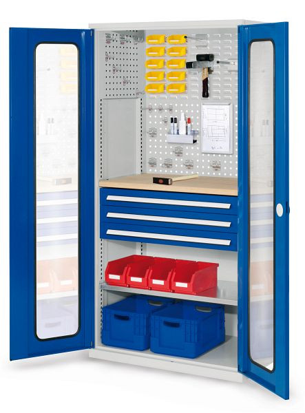 Kappes RasterPlan Schubladenschrank, Modell 35, RAL 7035/5010, Sichtfenstertür, 1950 x 1000 x 600 mm, 3 Schubladen H 100 mm, 1460.05.5016