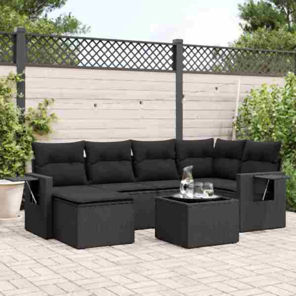 vidaXL 7-tlg. Garten-Sofagarnitur mit Kissen Schwarz Poly Rattan, UV-beständig, 3220464