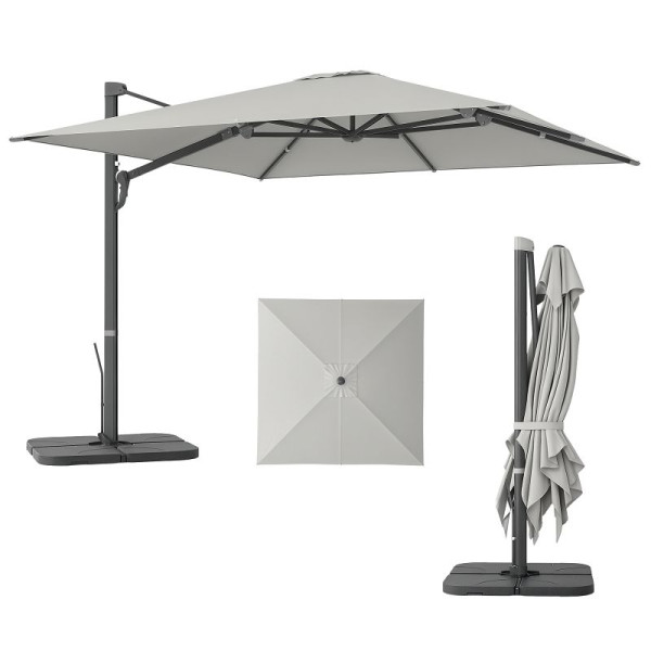 Outsunny Alu Ampelschirm 3 x 3 m 360° drehbar Sonnenschirm mit Kurbel Ständer Windschutz Hellgrau, 84D-387V00LG
