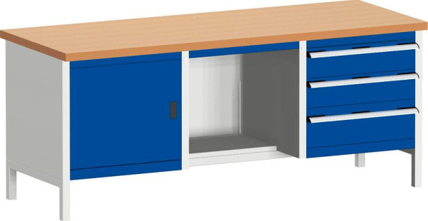 bott cubio Kastenwerkbank mit 3 Schubladen Türe, 2 Ablagen, Rotbuche-Arbeitsplatte BxTxH: 2000 x 750 x 840 mm, RAL 7035/5010, 41002071.11V