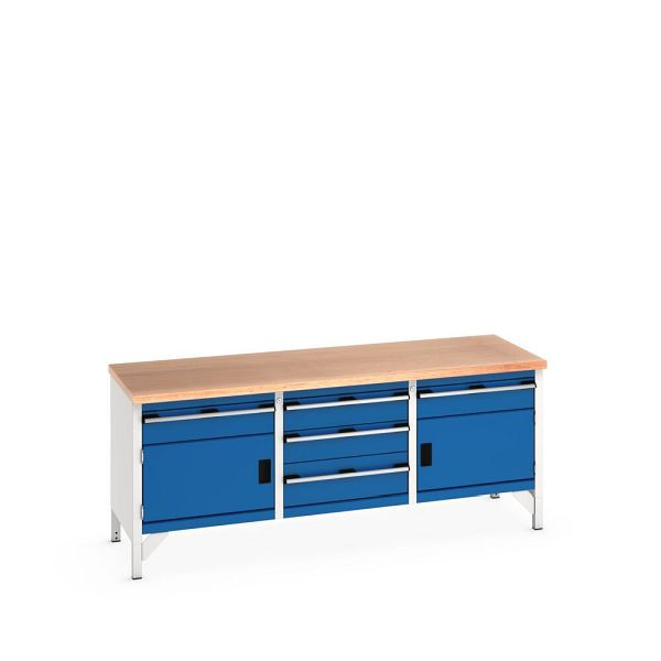 bott cubio Kastenwerkbank mit 5 Schubladen, 2 Türen, Multiplex-Arbeitsplatte, BxTxH: 2000x750x840mm, Enzianblau, 41002064.11V