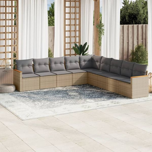 vidaXL 9-teilig Garten-Sofagarnitur mit Kissen Beige Poly Rattan, 3226059