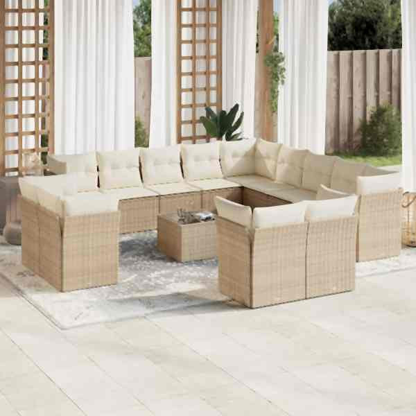 vidaXL 14-tlg. Garten-Sofagarnitur mit Kissen Beige Poly Rattan, UV-beständig, 3250397