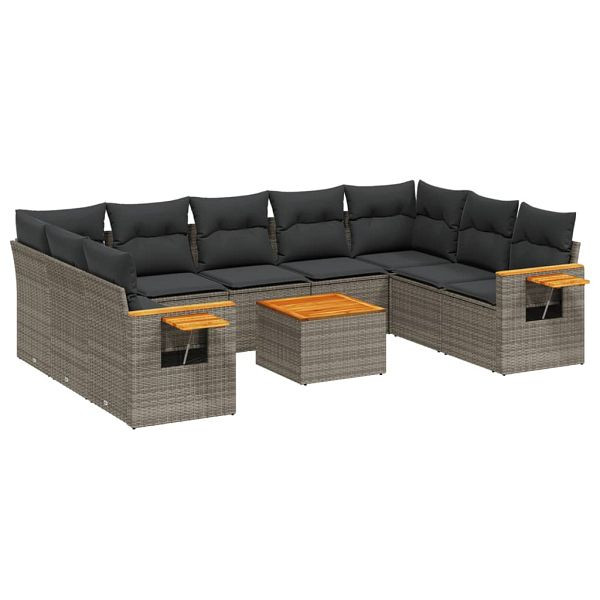 vidaXL 10-teilig Garten-Sofagarnitur mit Kissen Grau Poly Rattan, 3227124