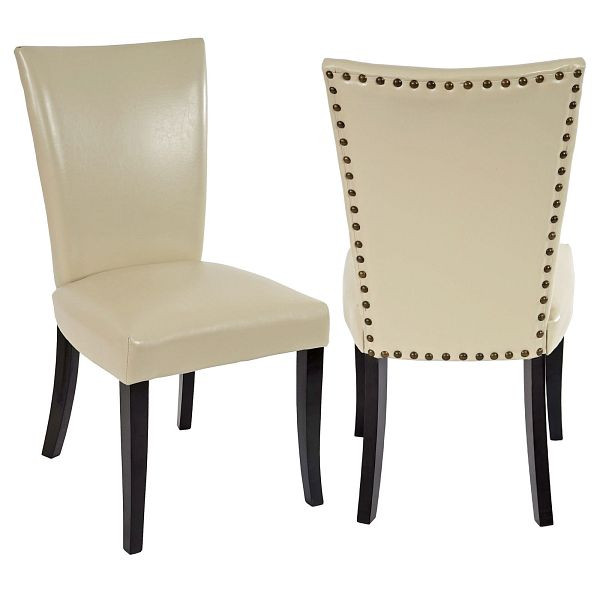 Mendler 2er-Set Esszimmerstuhl Chesterfield, Stuhl Küchenstuhl, Nieten, Kunstleder, creme, dunkle Beine, 35765