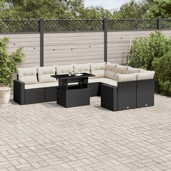 vidaXL 10-teilig Garten-Sofagarnitur mit Kissen Schwarz Poly Rattan, 3267496