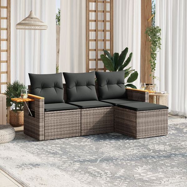 vidaXL 4-teilig Garten-Sofagarnitur mit Kissen Grau Poly Rattan, 3226746