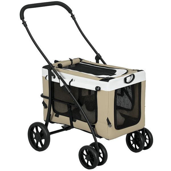 PawHut Hundbuggy Haustierbuggy bis 10kg klappbar abnehmbarer Korb 81 x 58 x 97,5 cm Schwarz + Khaki + Weiß, D00-192V00KK