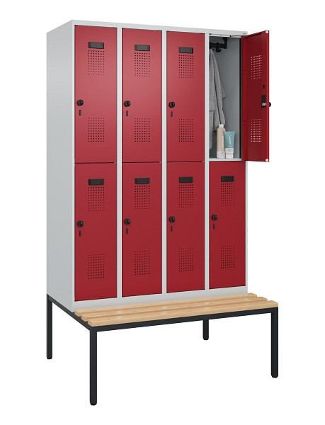 C+P Doppelstock-Spind Evolo PLUS, Bank, 8 Fächer, 2120x1200x815mm, 7035/3003, Drehriegel, Sitzfläche Buche-Hartholz, Sitzbank, 0493507-40 S10004