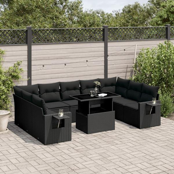vidaXL 10-tlg. Garten-Sofagarnitur mit Kissen Schwarz Poly Rattan, UV-beständig, 3268105