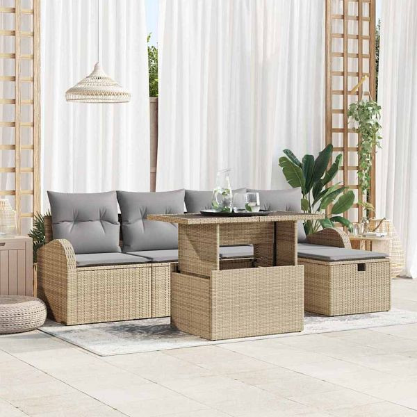 vidaXL Garten-Sofa-Set mit Kissen mit Speicher 6-teilig Beige Poly-Rattan, 3361079