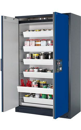 asecos Feuerbeständiger Gefahrstoffschrank Select W-126, 6 Auszugswannen, Türen blau, 201055