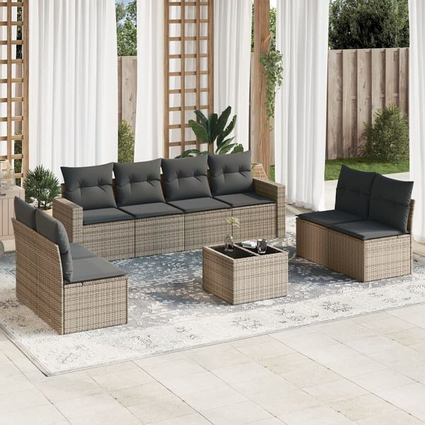 vidaXL 9-teilig Garten-Sofagarnitur mit Kissen Grau Poly Rattan, 3251197