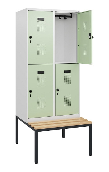 C+P Doppelstöckiger Spind Evolo PLUS, Bank, 4 Fächer, 1950x800x815mm, 9016/6019, Drehriegel, Sitzfläche Buche-Hartholz, Sitzbank, 0493505-22 S10021