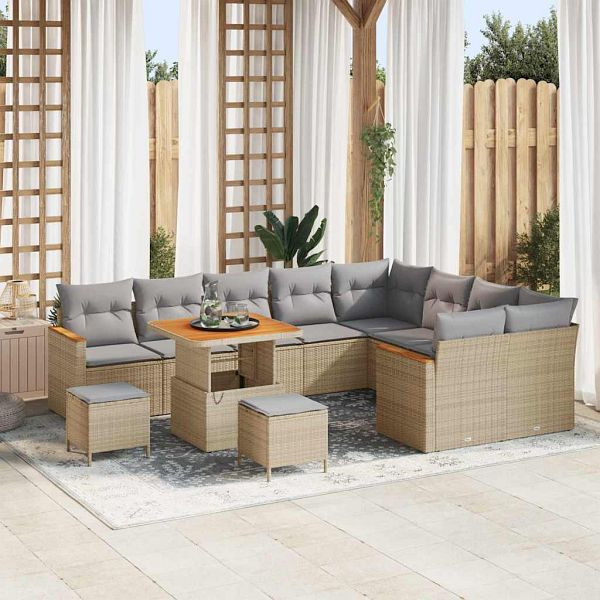 vidaXL Garten-Sofa-Set mit Kissen 12-teilig Beige Poly-Rattan, 3363082
