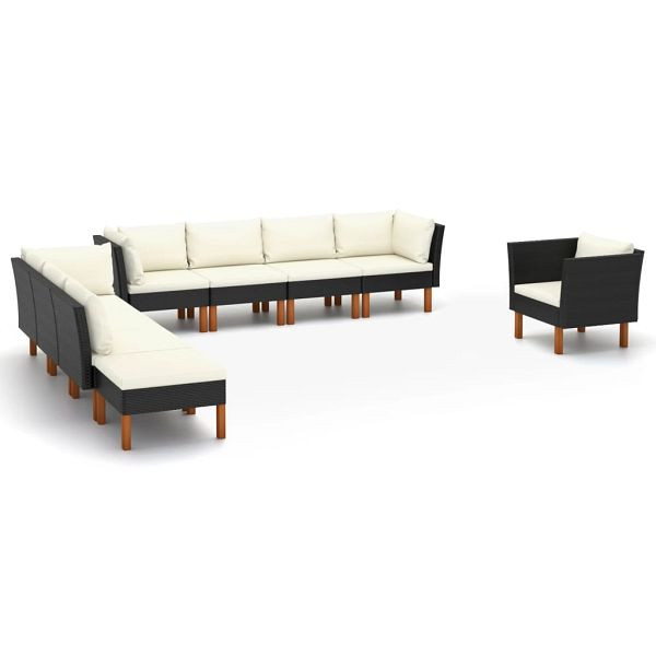 vidaXL 9-teilig Garten-Lounge-Set Poly Rattan Eukalyptusholz Schwarz, 3082089