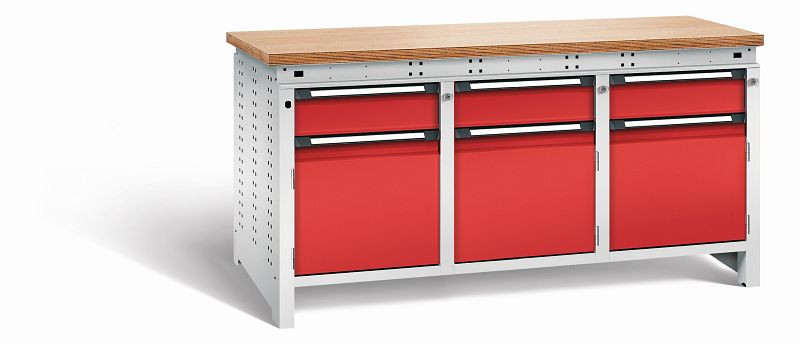 Otto Kind Werkbank Serie function Typ 309, Multiplexplatte 40 mm, bündig, 2x Unterbau + mittleres Feld, Gehäuse RAL 7035, Front RAL 3000, 072364134