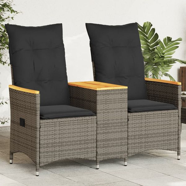 vidaXL Gartensofa 2-Sitzer Verstellbar mit Tisch Grau Poly Rattan, 365721