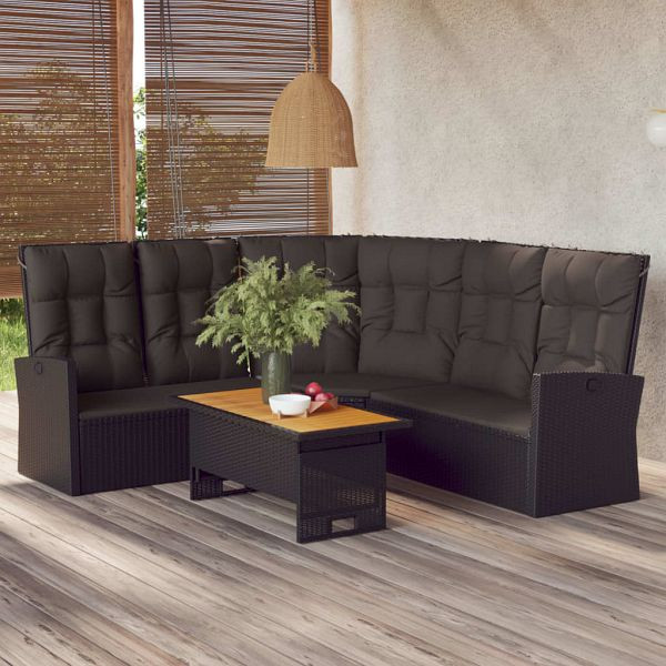 vidaXL Ecksofa mit Liegefunktion und Kissen Schwarz Poly Rattan, 362181