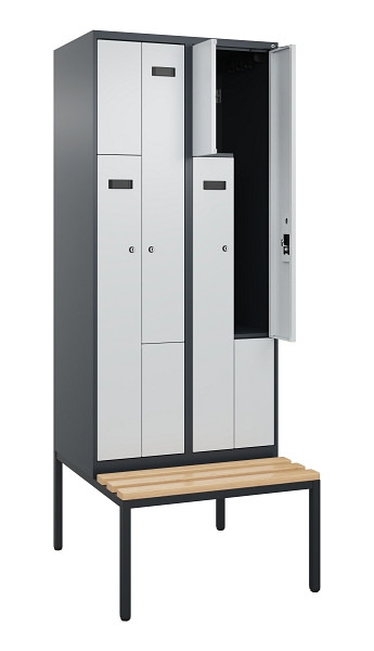 C+P Z-Spind Evolo PLUS, Bank, 4 Fächer, 2120x800x815mm, 7016/7035, Zylinderschloss, Sitzfläche Buche-Hartholz, Sitzbank, 0490537-224 S10044