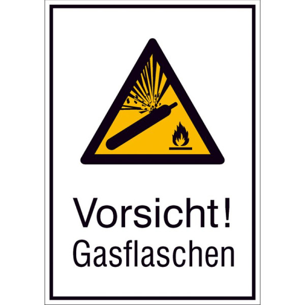 Stein HGS Kombischild mit Warnzeichen und Zusatztext, Vorsicht! Gasflaschen, Alu, geprägt mit Einbrennlackierung, 262 x 371 mm, 11.a8017
