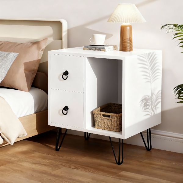 HOME NATURE WOHNKONZEPT Nachttisch Weiß 48x40x55cm, 2 Schubladen & Offenes Fach, Schwarze Metallbeine, Moderner Bedside Table für Schlafzimmer, YQ0293