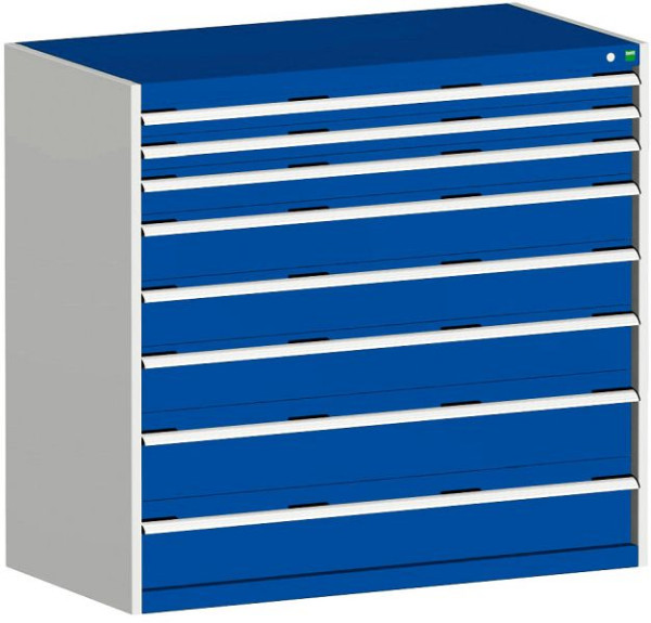 bott cubio Schubladenschrank bestückt mit 8 Schwerlastschubladen BxTxH: 1300 x 650 x 1200 mm, RAL 7035/5010, 40022130.11V