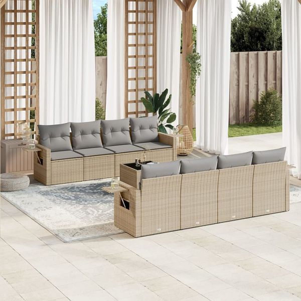 vidaXL 9-teilig Garten-Sofagarnitur mit Kissen Beige Poly Rattan, 3252286