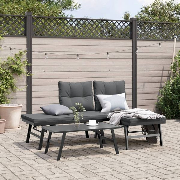 vidaXL Gartenbänke mit Kissen 2 Stück Schwarz Pulverbeschichteter Stahl, 4008104