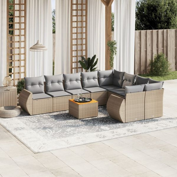 vidaXL 10-teilig Garten-Sofagarnitur mit Kissen Beige Poly Rattan, 3257494