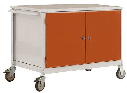 Manuflex Mobile Werkbank Modell 5 mit lichtgrauer Melamin-Abdeckplatte 22 mm BxTxH 1135 x 590 x 802 mm, rotorange, TP1028.2001