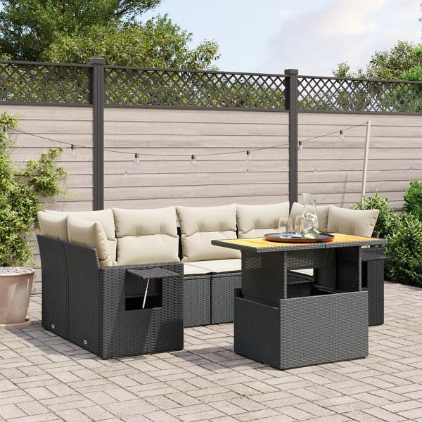 vidaXL 7-teilig Garten-Sofagarnitur mit Kissen Schwarz Poly Rattan, 3271651