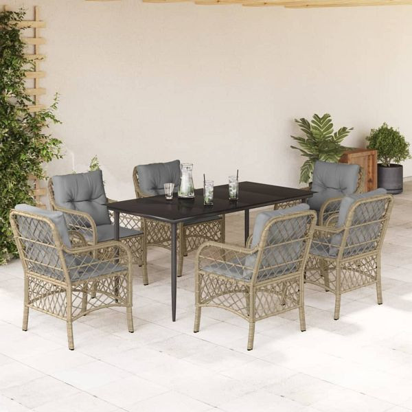 vidaXL 7-teilig Garten-Essgruppe mit Kissen Beigemischung Poly Rattan, 3212156