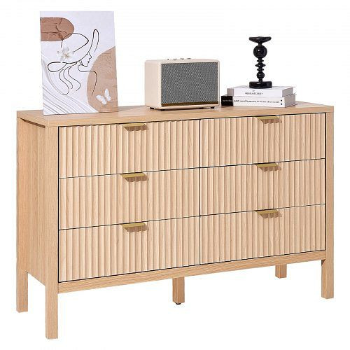 VEVOR Kommode, 6 geriffelte Schubladen, Kippschutz, minimalistischer Schrank für Wohn-, Schlaf- & Eingangsbereich, helles Holz, XDBLKCTJ2L6CDWDYQ001V0