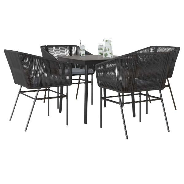 vidaXL 5-teilig Garten-Essgruppe mit Kissen Schwarz Poly Rattan Glas, 3334514