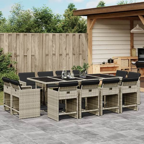 vidaXL 13-tlg. Garten-Essgruppe mit Kissen Hellgrau Poly Rattan, UV-beständig, 3277990